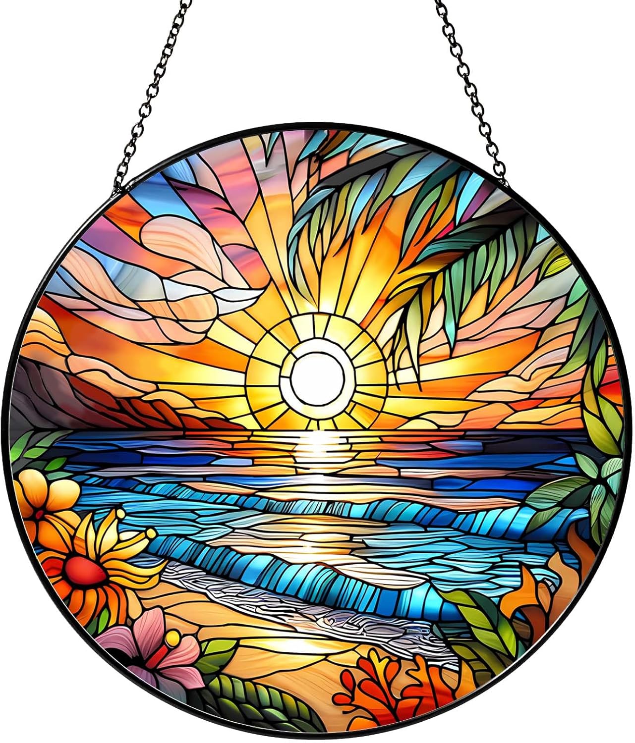 Beach Sunset Sun Catcher Stained Glass Window Hanging Beach Lovers Gifts for Women Wall Decor Landscape Decoration for Home Garden Housewarming Gifts