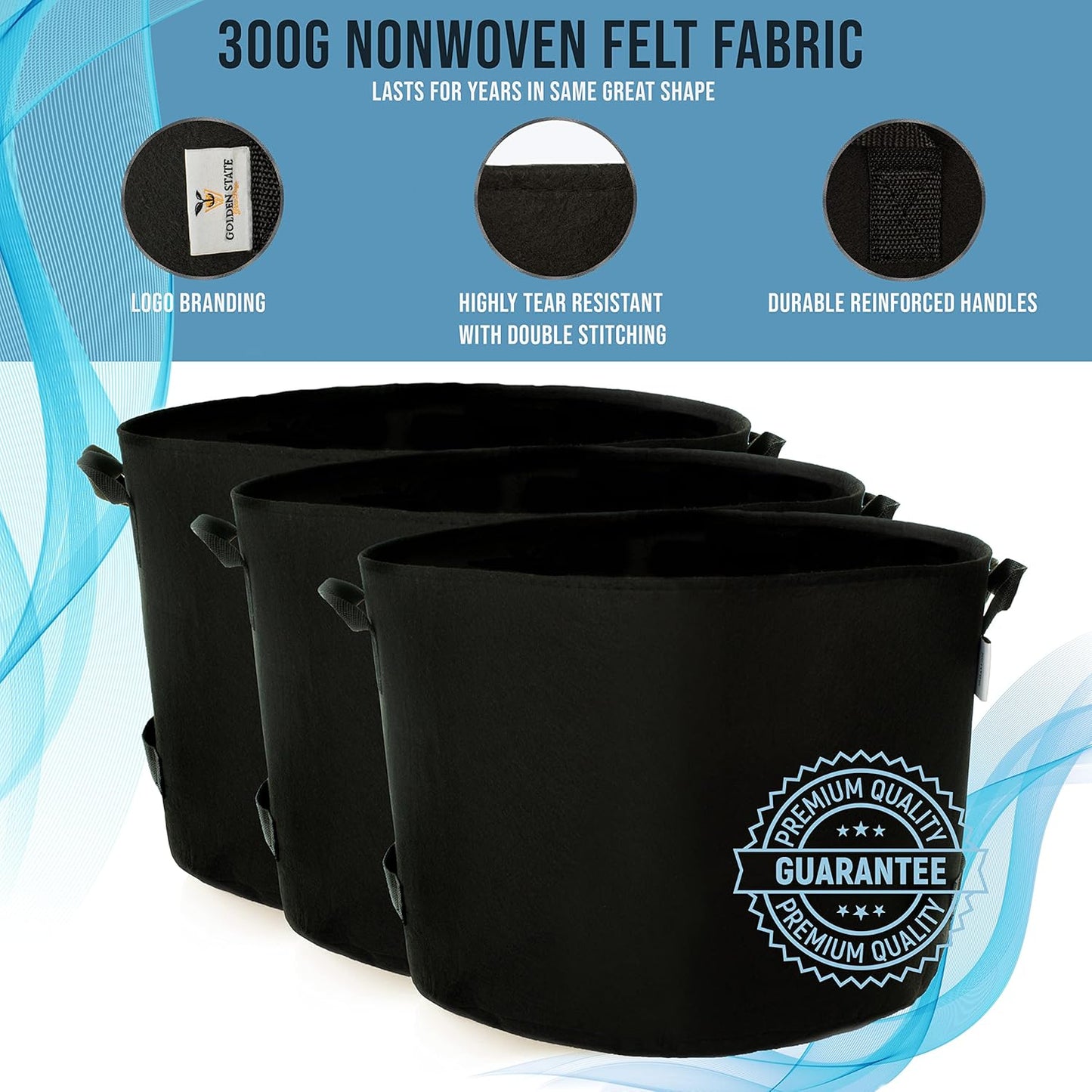 Grow Bags: 5-Pack (Size: 10 Gallon): 300gsm Black Felt Fabric, Biodegradable and eco-Friendly Material. (Handles + Dumping Handles-pat.Pend).