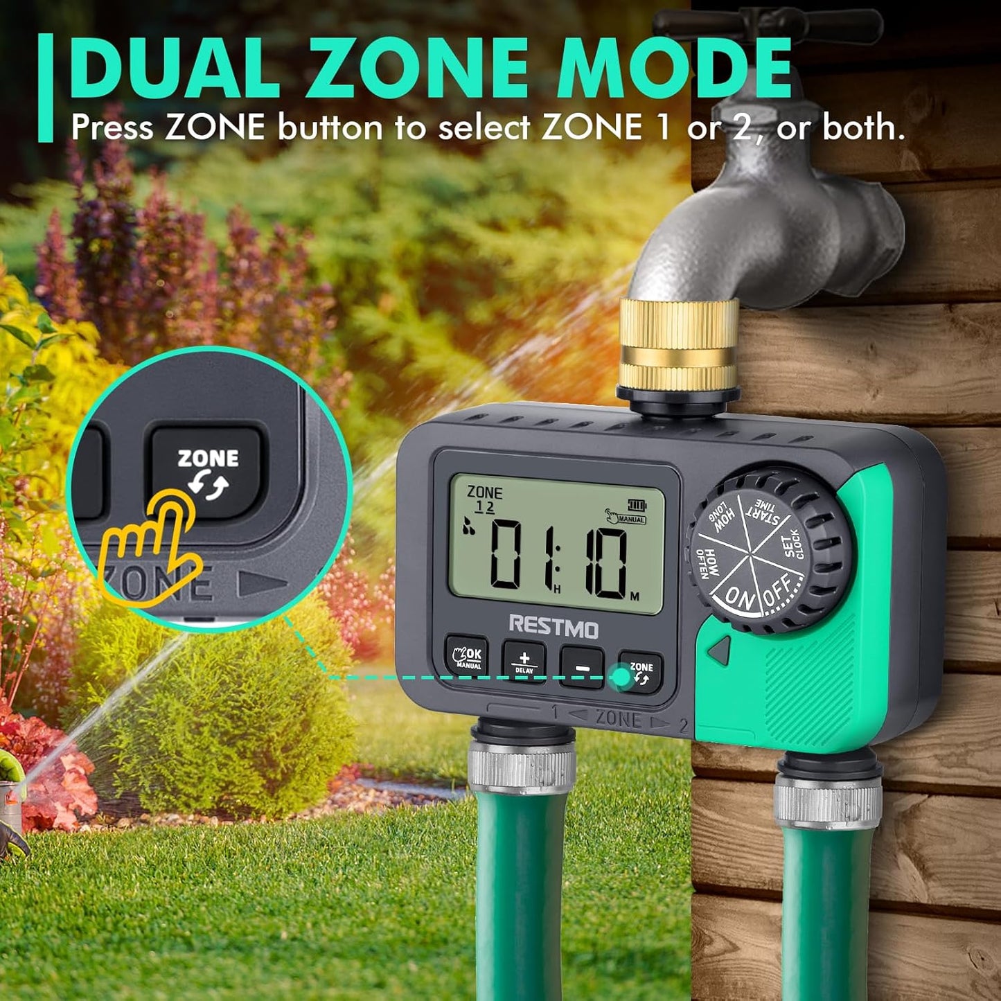 RESTMO Water Timer for Garden Hose, Sprinkler Timer with Brass Inlet, Automatic Digital Control | Manual ON/Off | Rain Delay, for Outdoor Faucet, Drip Irrigation and Lawn, 2 Outlet