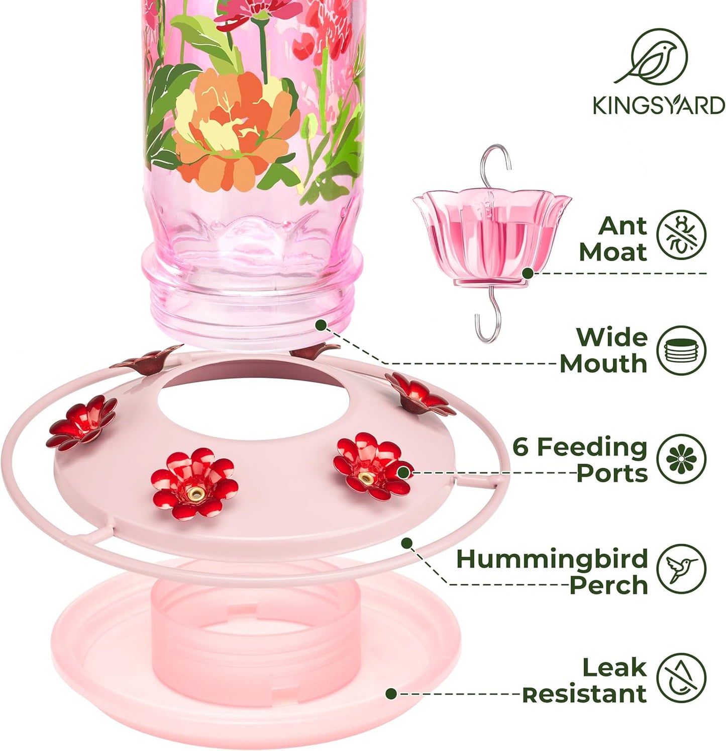 Kingsyard Hummingbird Feeder for Outdoor Hanging - Charming Patterned Glass Humming Bird Feeder with 6 Feeding Ports and Ant Moat, Ideal Gift Choice for Bird Lovers, Pink