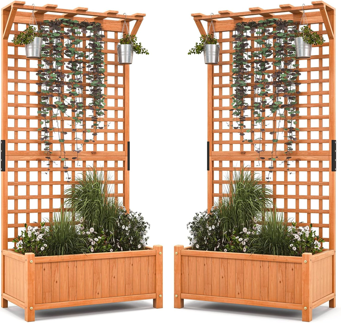 Giantex 2 Pcs Raised Garden Bed with Trellis & Roof, 72.5" Wooden Garden Bed, High Trellis for Plant Flower Climbing Pot Hanging, Indoor & Outdoor Planter Box for Yard, Garden, Balcony