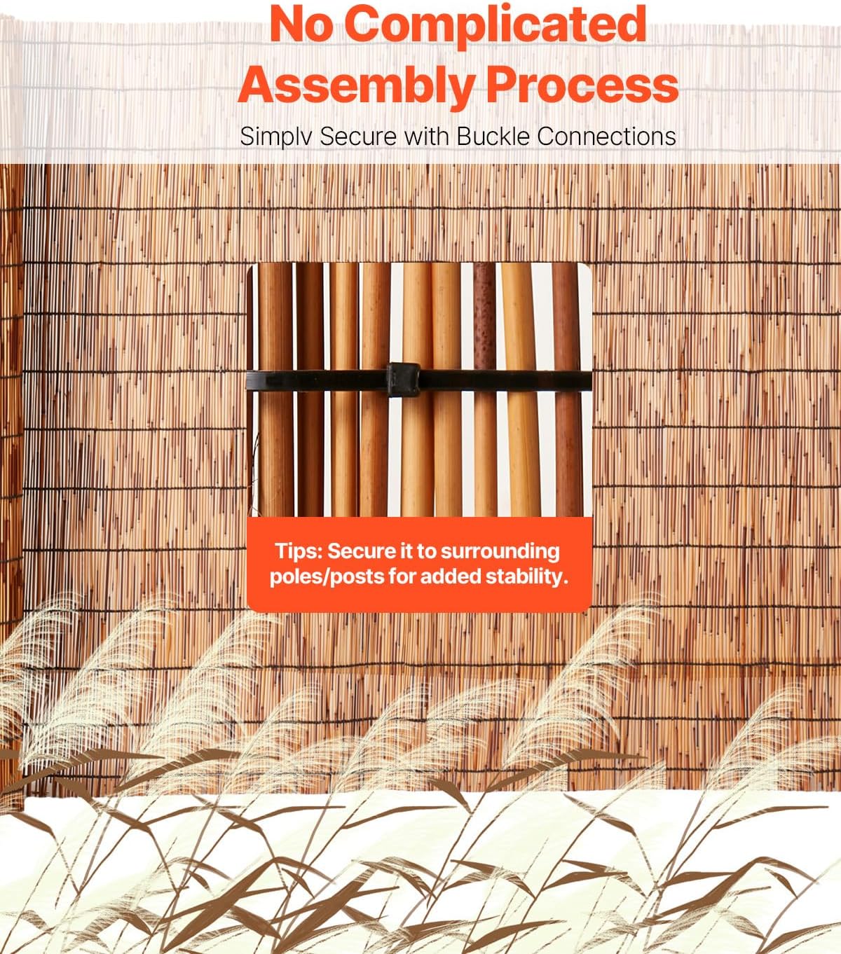 VEVOR Natural Reed Fencing, 4ft x 16.4 ft, Decorative Bamboo Privacy Screen,Reed Fence Roll Patio Decorative Fences Reed Screen Curtain for Garden Backyard Patio Balconies,Brown