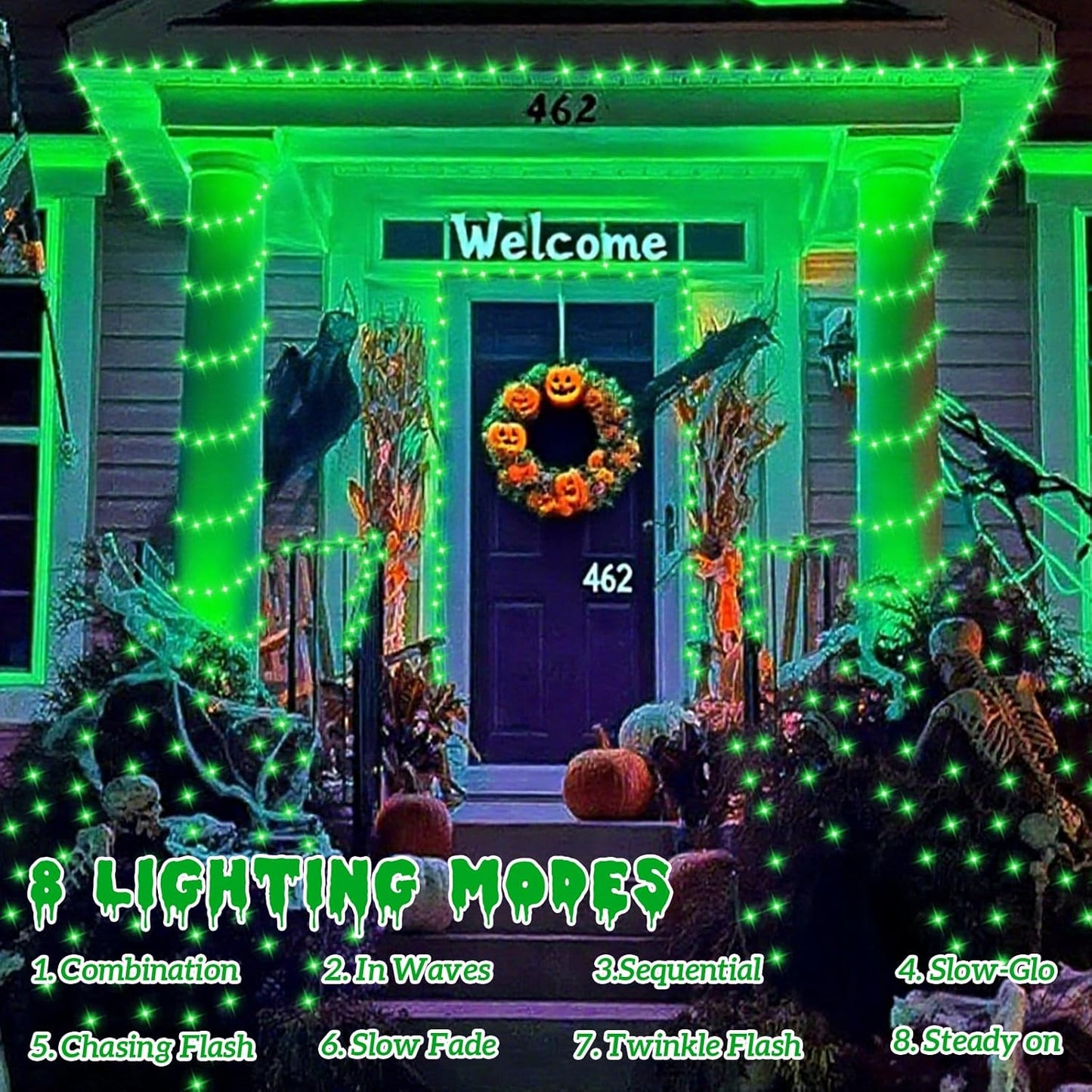 QITONG 2 Pack Green Solar Fairy Lights, Each 66ft 200 LED Solar String Light, 8 Modes Silver Wire Solar Twinkle Mini Lights