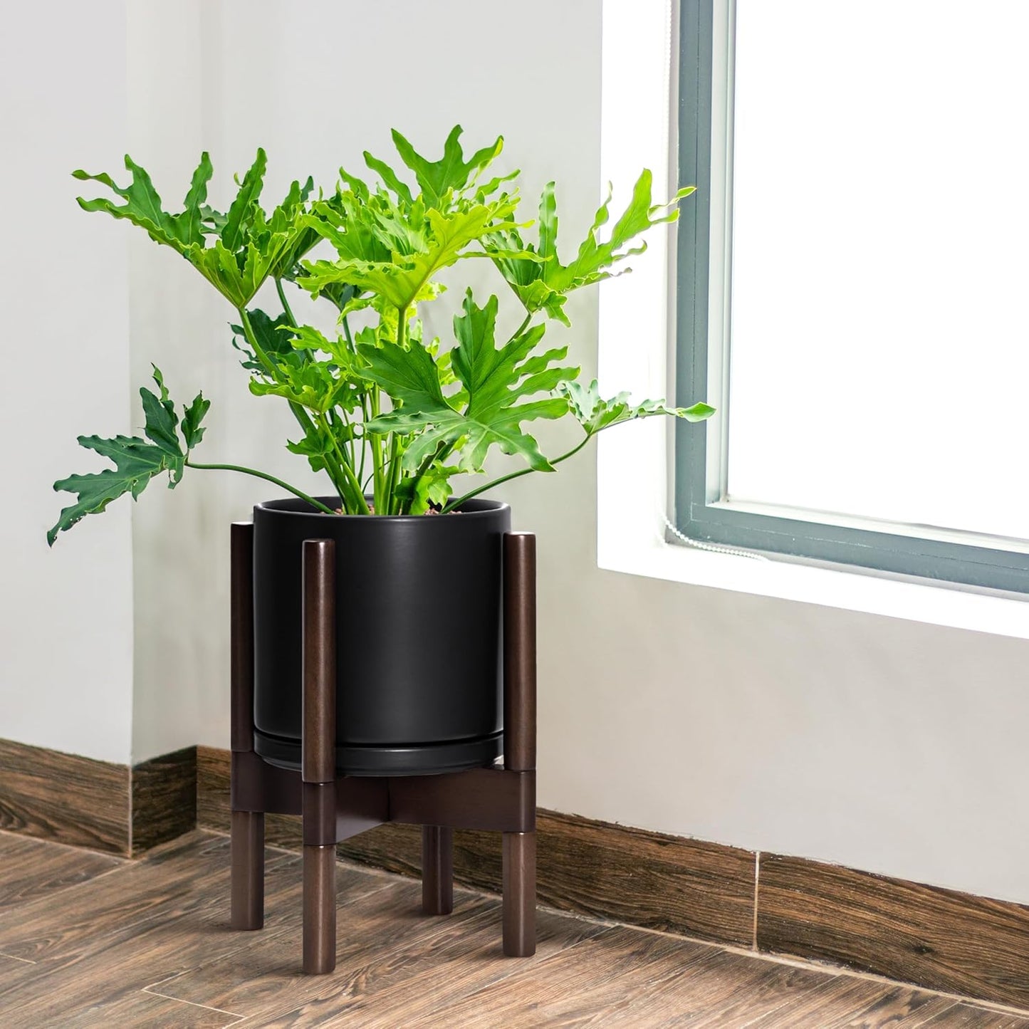 D'vine Dev Ceramic Planter with Walnut Color Stand - 8 Inch Modern Round Flower Pot with Wood Planter Holder, Black, 55-B-Y-2