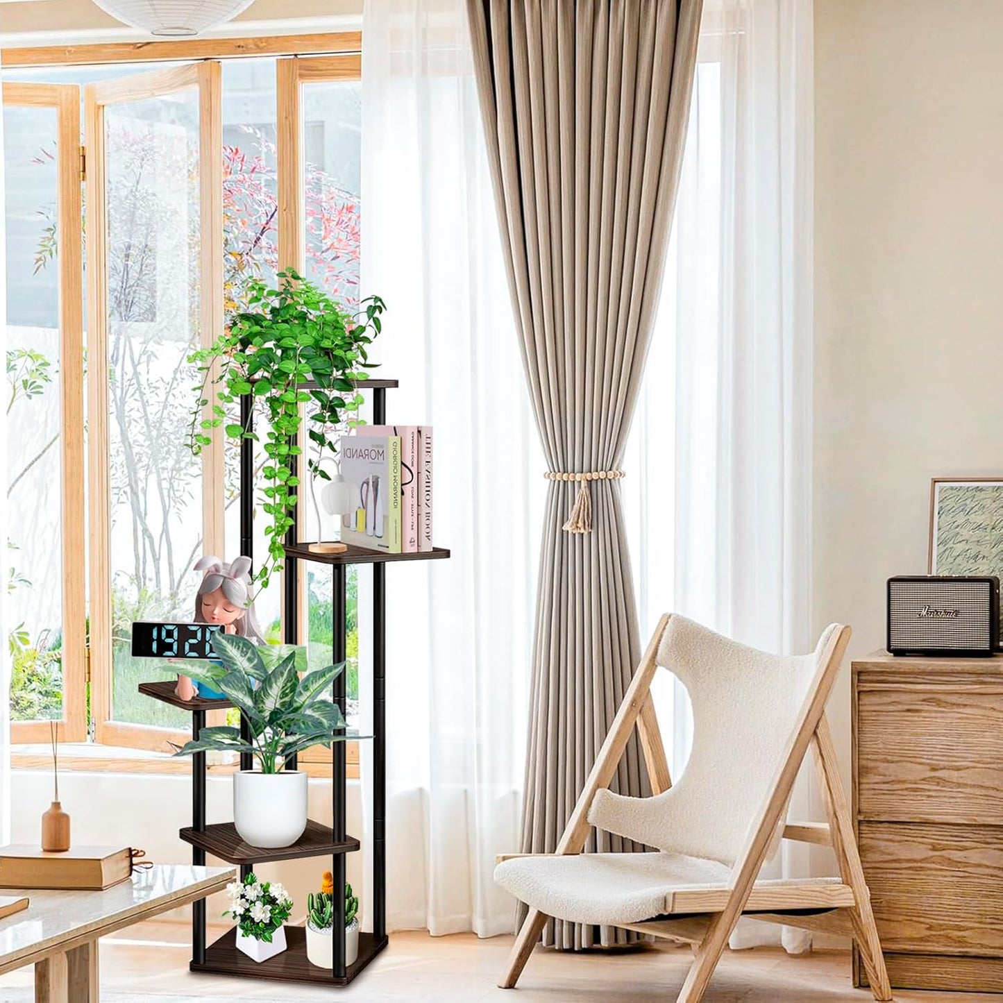 5 Tier Wood Tall Plant Stand Metal Rack Indoor, Multiple Flower Pot Holder Shelves Corner Rack, Planter Shelf Display Rack Storage Organizer for Patio Living Room Balcony Garden(Black Oak)