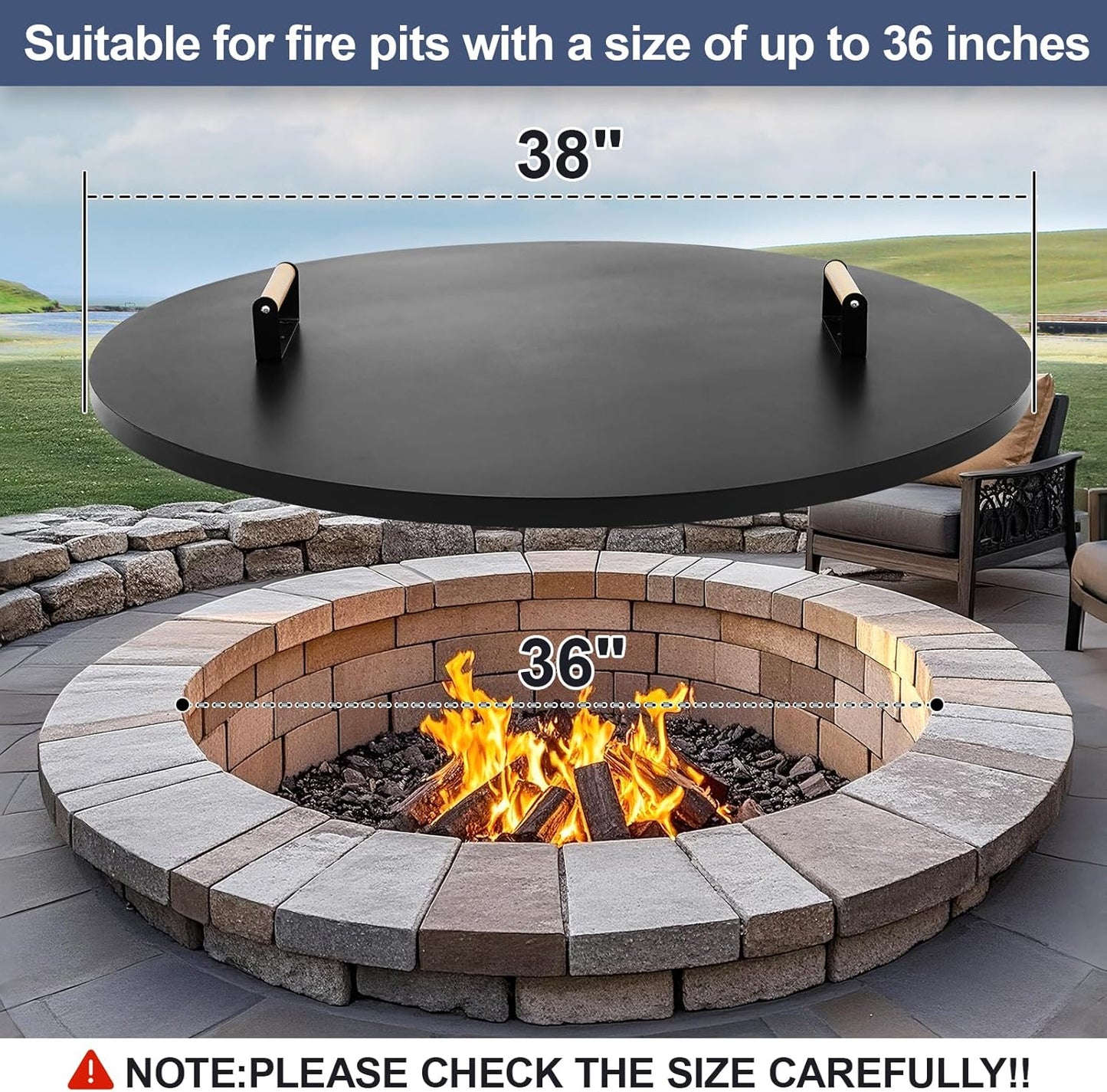 1MORE Fire Pit Lid Round 38" - Metal Firepits Cover with Wooden Handles for Patio Firepits,Rust Resistant 1.5mm Fire Pits Metal Lid, Firepits Accessory, Fire Pits Cover Round, All-season Protective