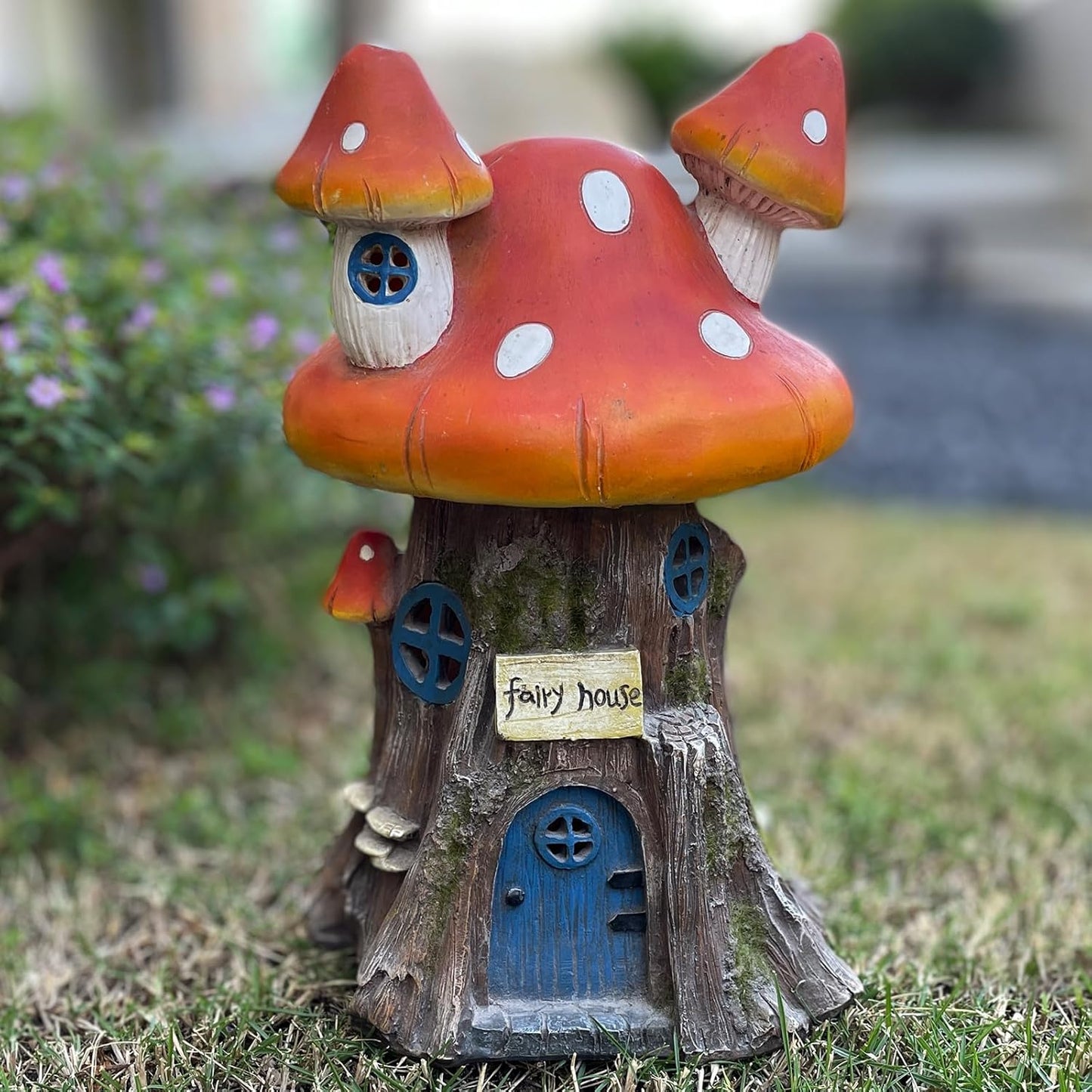 COWOS Mushroom House Sculptures, Collection of Resin Garden Sculptures, Resin Fairy House Statue, Solar Fairy Garden Figurine with Warm White Light Mushroom for Outdoor, Lawn, Yard Decoration