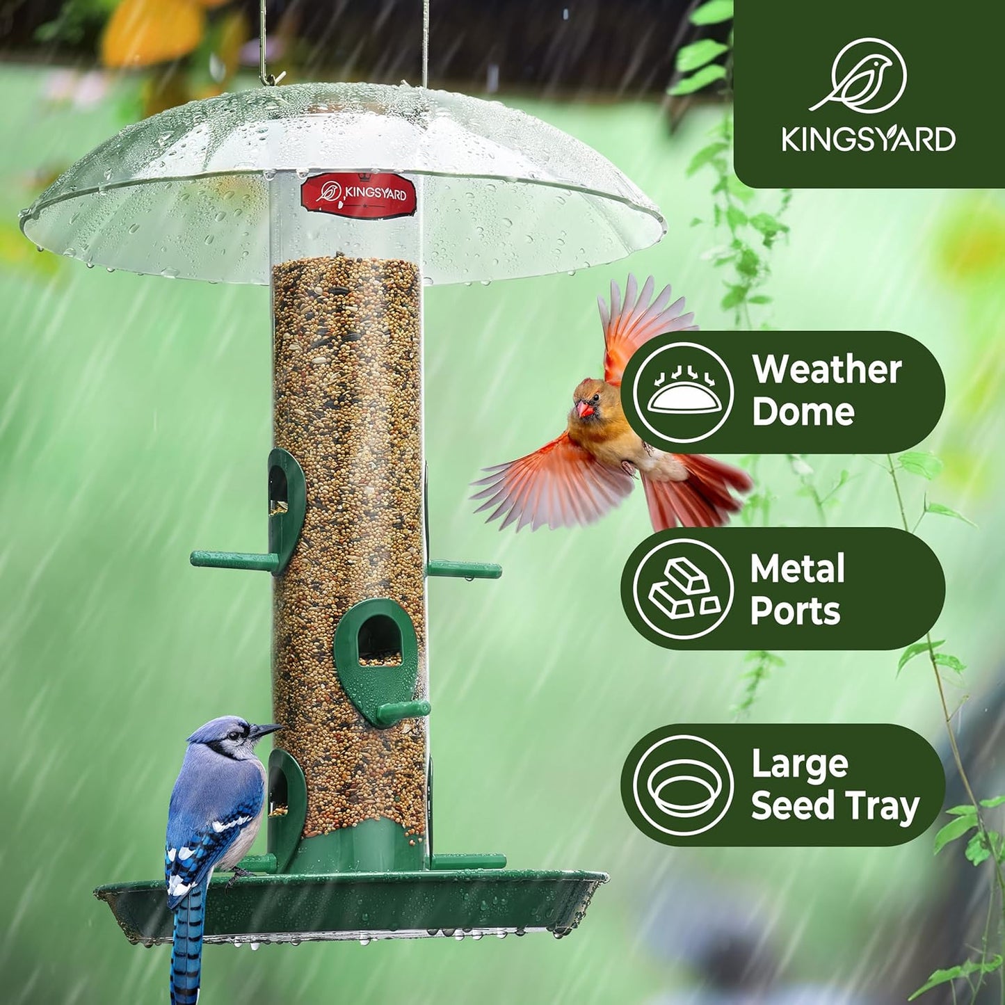 Kingsyard Metal Bird Feeders for Outdoors Hanging, Wild Bird Feeder for Finch Cardinal, Large Tray and Rainproof Dome, 2 lbs Seeds Capacity (Drak Green)