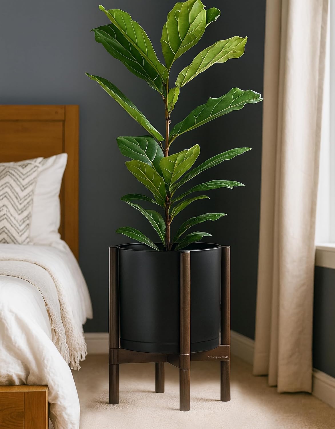 D'vine Dev Planter Pot with Stand - 12 Inch Plastic Cylinder Flower Pot with Wood Planter Holder for Indoor, Matte Black Pot + Walnut Color Stand, 55-C-O-2