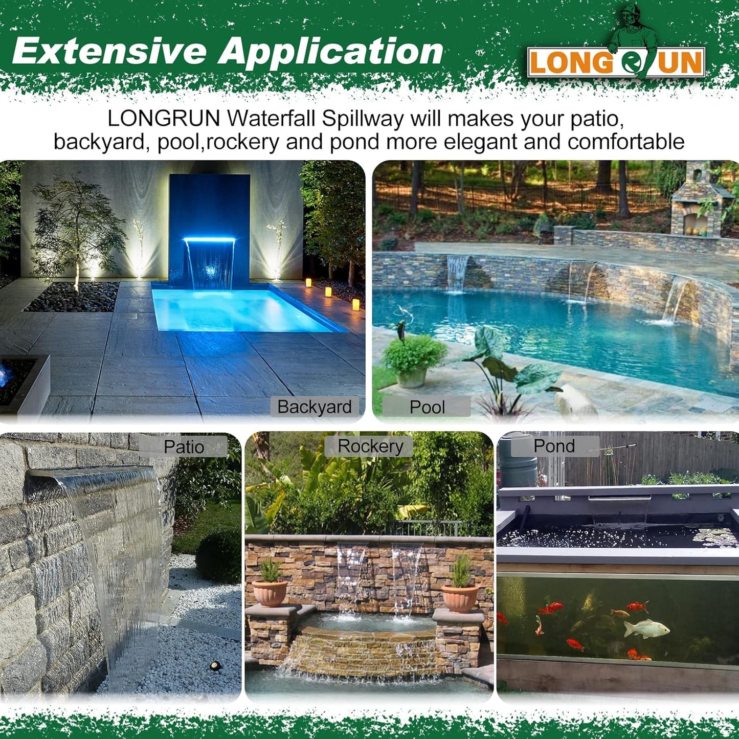 LONGRUN Pool Fountain Stainless Steel Outdoor Pond Spillway Waterfall with Wider Water Flow Platform Multi-Color LED Light Spray Indoor Waterfall Fountains for Garden-35.4" x 8" x 3.94"(W x D x H)