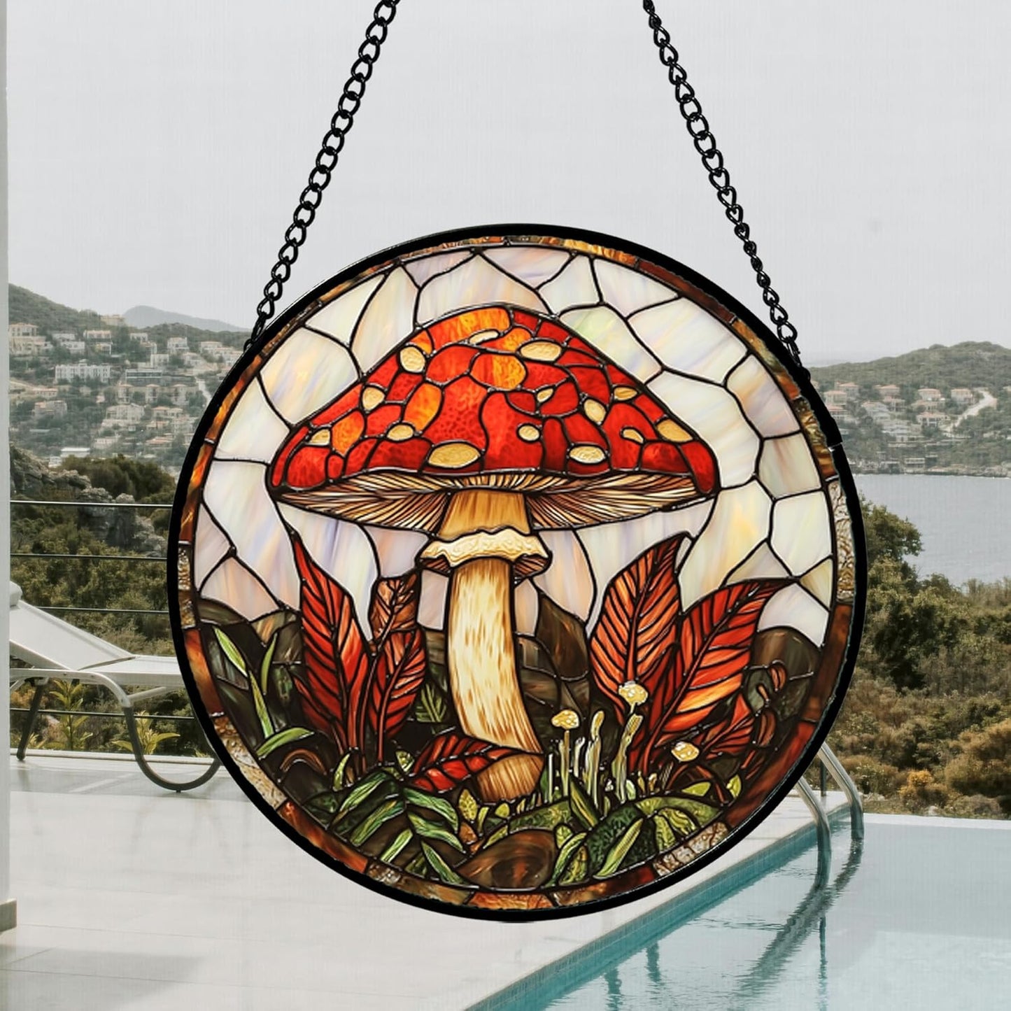 Stained Glass Window Hanging, Big Red Mushroom Suncatcher for Doors Home Sun Catchers Decoration and Christmas, Mother's Day Birthday Gifts for Women, Men, and Mom 14.9x14.9 in