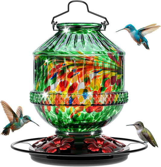 Hand Blown Glass Hummingbird Feeders for Outdoors, 25 Ounces Wild Bird Nectar Feeder with Perch & 5 Flower Feeding Ports Leak Proof Hanging for Garden Backyard Decor, Gifts for Women Mom, Green