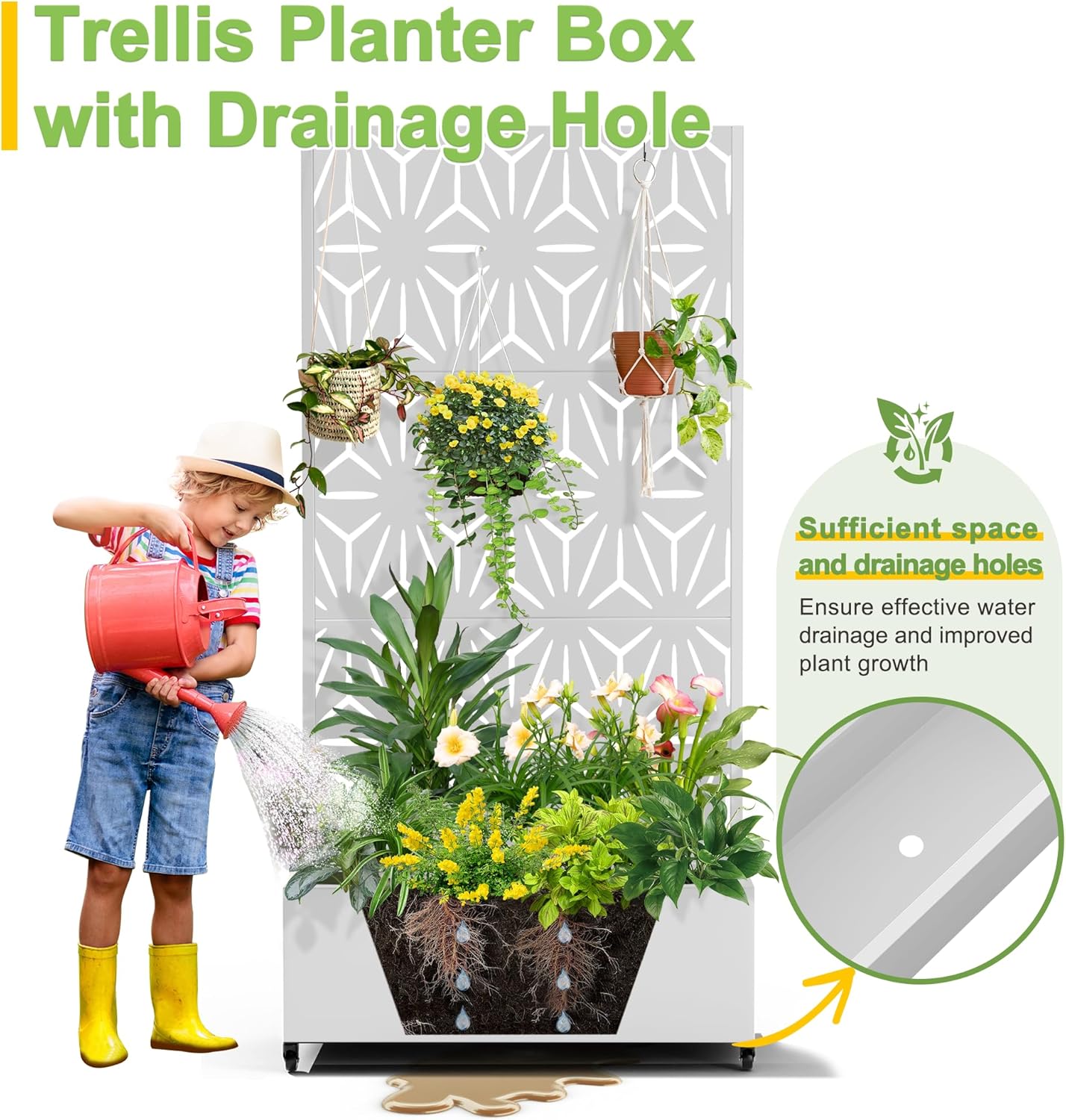 FENCY Metal Raised Garden Bed with Wheels and Trellis,73"x35"x16" Planter Box for Climbing Plants, Vegetables & Vines, Features Privacy Screen and Drainage Holes (White-Star)