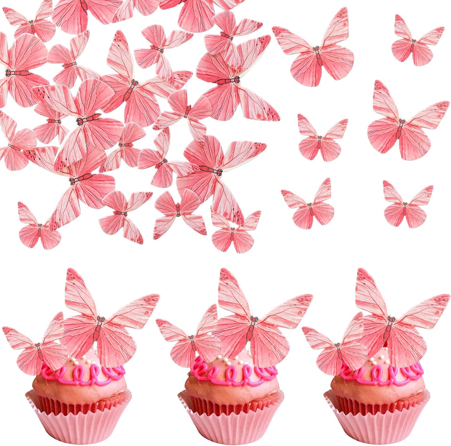 Ephlyn 72Pcs Edible Butterfly Cupcake Toppers 3D Realistic Butterfly Cake Picks Cute Cupcake Decorations for Baby Shower Boys Girls Birthday Party Decorations Red