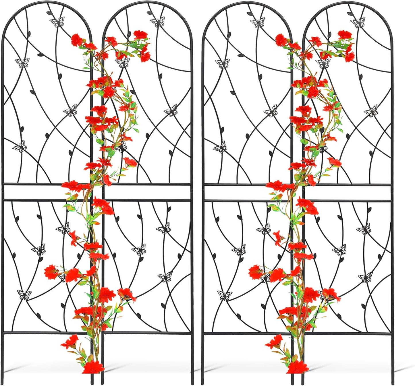 4 Pack Metal Garden Trellis 86.7" Tall Outdoor Climbing Plant Support for Roses, Flowers, Rustproof Durable Black Galvanized Tube, Lawn Garden Fence Decor Screen (4, Black flutter-86.7" H)