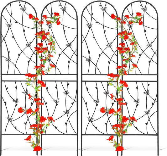 4 Pack Metal Garden Trellis 86.7" Tall Outdoor Climbing Plant Support for Roses, Flowers, Rustproof Durable Black Galvanized Tube, Lawn Garden Fence Decor Screen (4, Black flutter-86.7" H)
