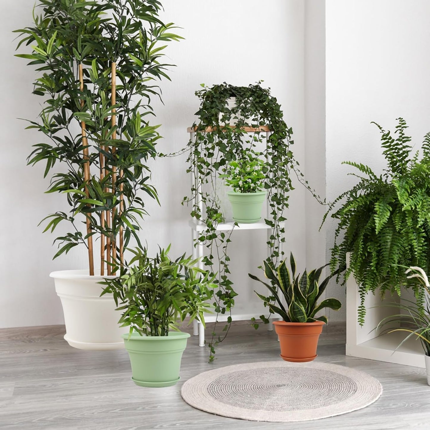 13 Inch Plastic-Flower-Pot-for-Indoor-Plants, 4 Pack Large Outdoor Planter Pot with Drainage Holes & Saucers, Resin Decorative Garden Pots Planters