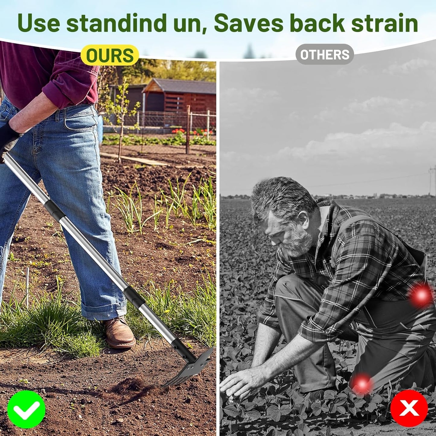 2-in-1 Heavy-Duty Weed Puller Tool with 5-Tine Rake – 30" to 60" Adjustable Handle, Hoes for Gardening, Hoe Garden Tools for Loosening Soil, Planting, Weeding