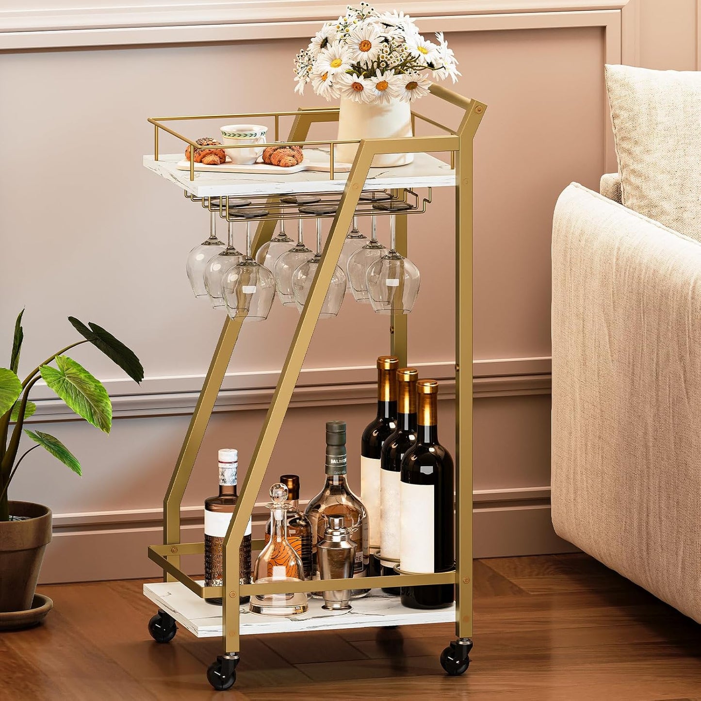 HOOBRO Bar Cart Gold, Home Bar Serving Cart, Kitchen Cart, Rolling Beverage Cart & Wine Rack and Glass Holder 2 Storage Shelves, Cocktail Cart for Home Dining Party, White and Gold DM27TC01