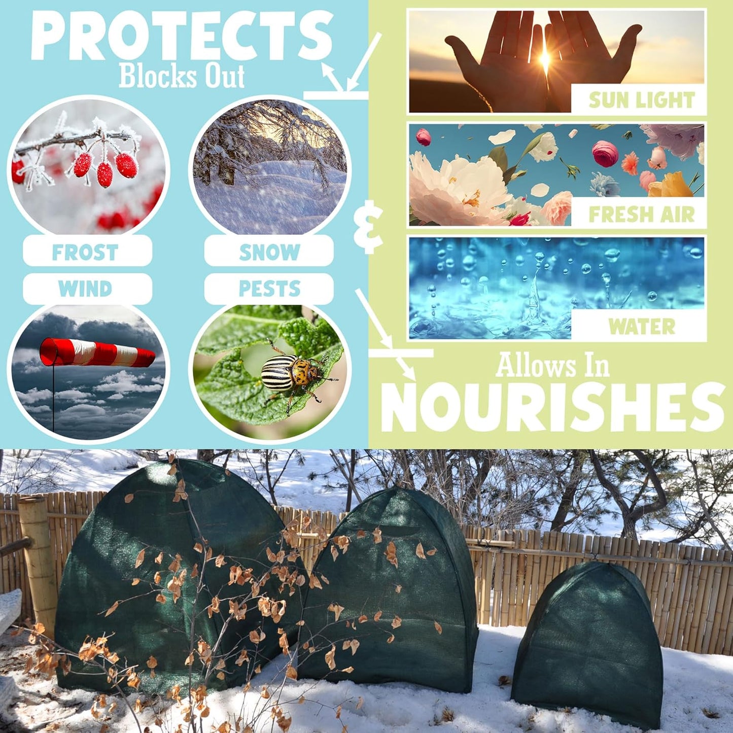Winter Plant Cover Freeze Protection Tents 2 Pack-Protect Shrubs from Snow, Frost, Animals, Freezing Temperatures - Complete with Soft Garden Ties (36" x 36" x 40", 2 Pack, green with stakes)