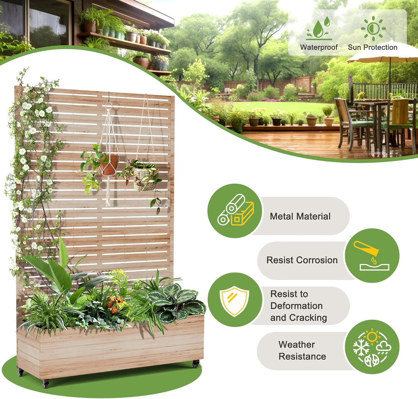 FENCY Metal Raised Garden Bed with Wheels and Trellis,73"x47"x16" Planter Box for Climbing Plants, Vegetables & Vines, Features Privacy Screen and Drainage Holes (Acacia Wood Finish)