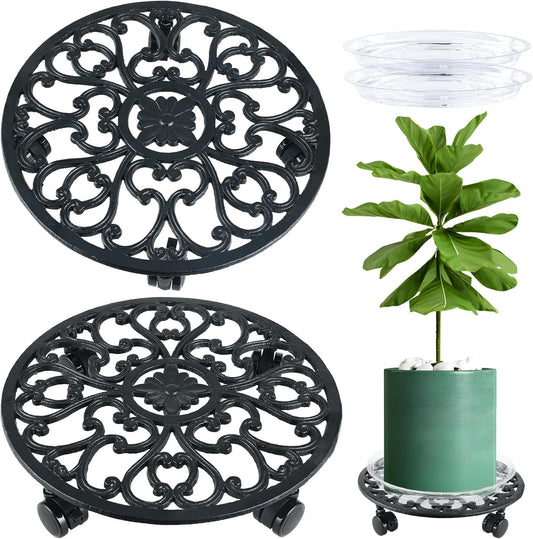 2 Packs 14 Inch Rolling Plant Stand with Wheels Metal Plant Caddy with Wheels Heavy Duty Round Plant Stand Indoor Iron Plants Rollers for Plants, Plant Dolly with Plant Saucers