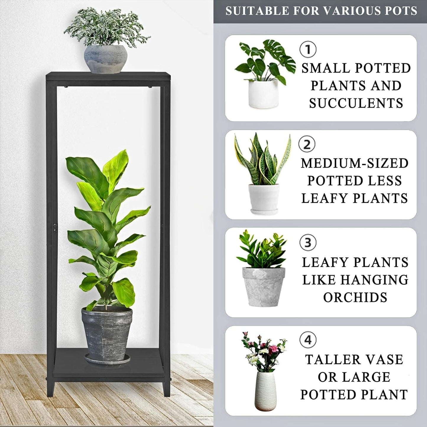 34" Tall Plant Stand Indoor, 2-Tier Modern Plant Shelf, Corner Flower Pot Holder Organizer for Living Room Balcony Patio Garden (Black)