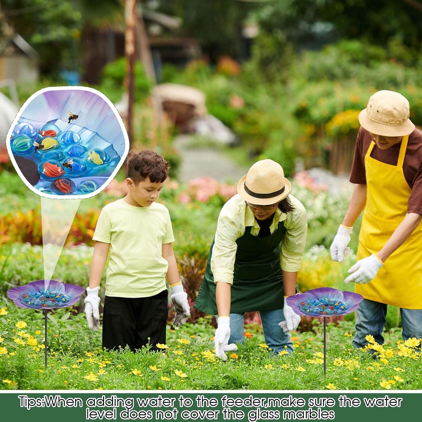 Tandefio Vivid Flower Bee Watering Station Metal Butterfly Water Feeder Cup with 30 Colorful Glass Marbles Bee Feeder Butterfly Bath Bowl for Garden Outdoor Yard Decors(Blue Purple,Flower)