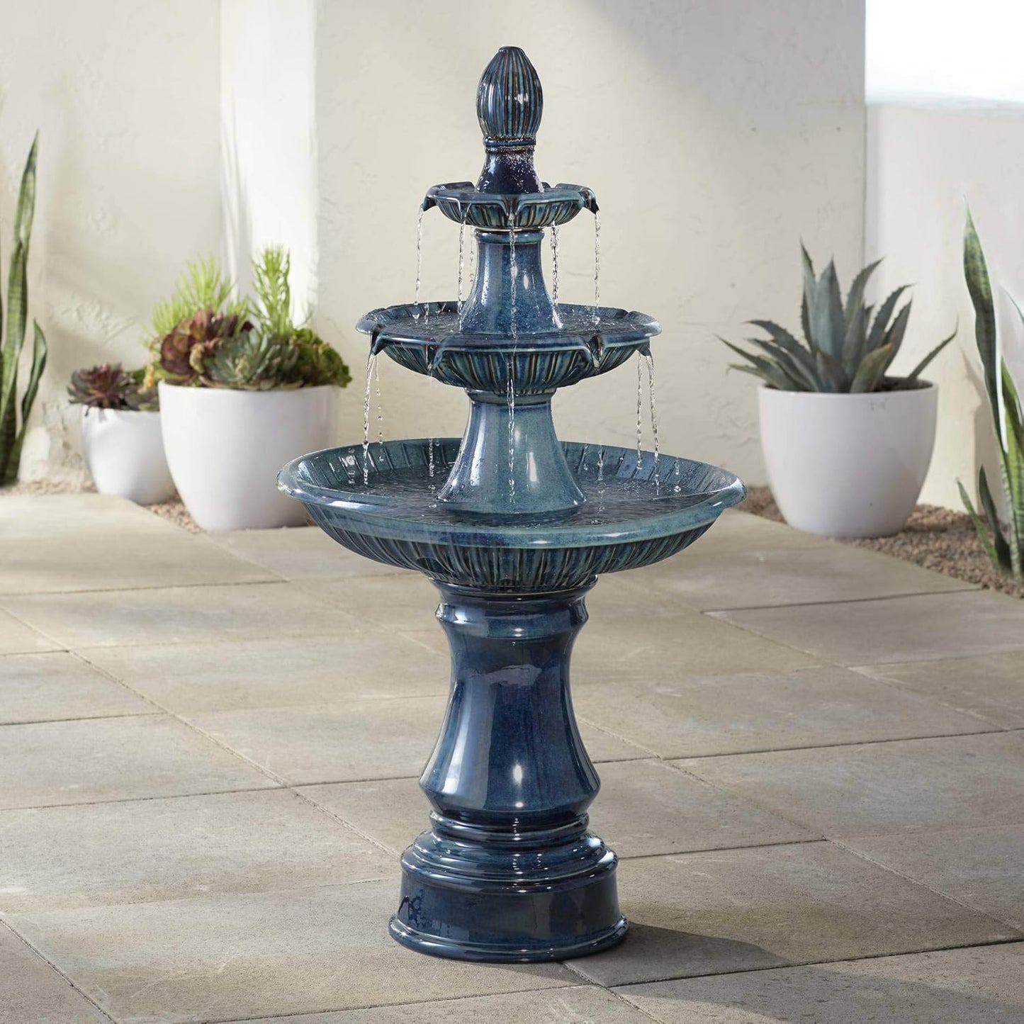 Formentera 46" High Large Italian Indoor Outdoor Decor Teal Blue Ceramic Floor Fountain with Light LED Waterfall 3-Tier Standing Water Feature for Outside Garden Patio Yard Backyard - John Timberland