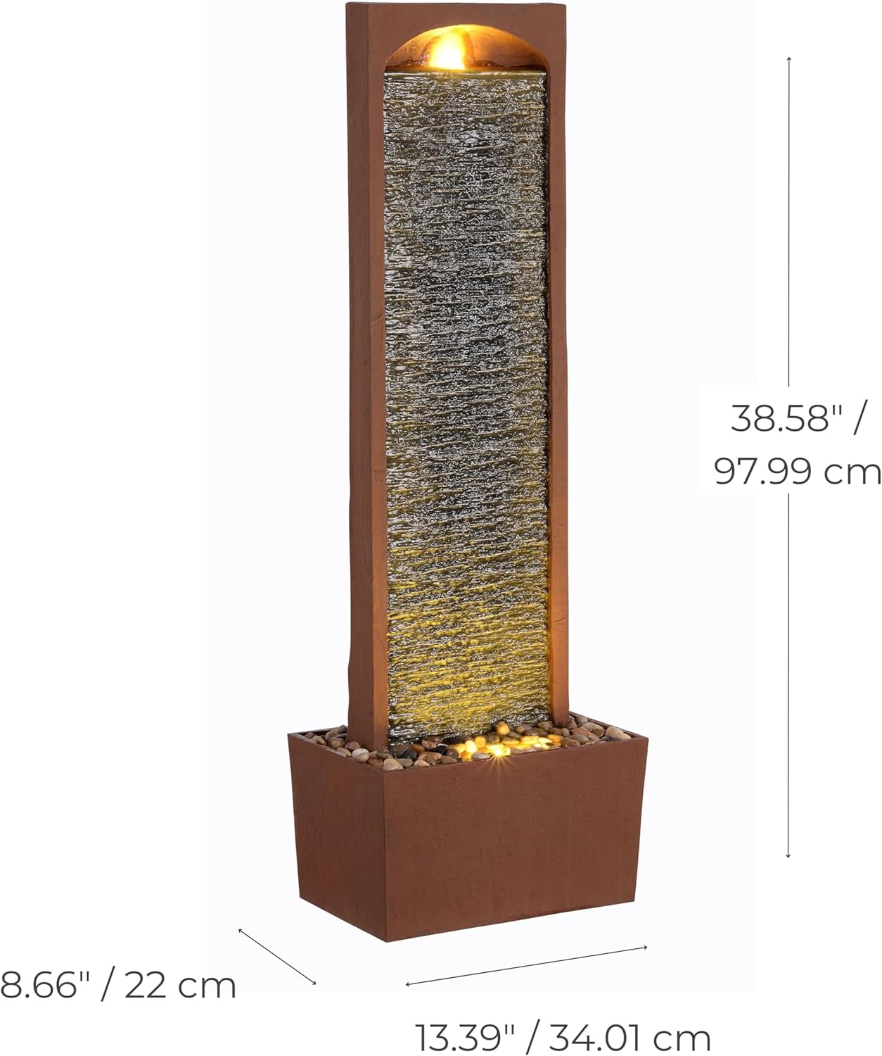 Teamson Home 38.5" Faux Slate Contemporary Outdoor LED Waterfall Fountain with Pebble Base, Red Rock