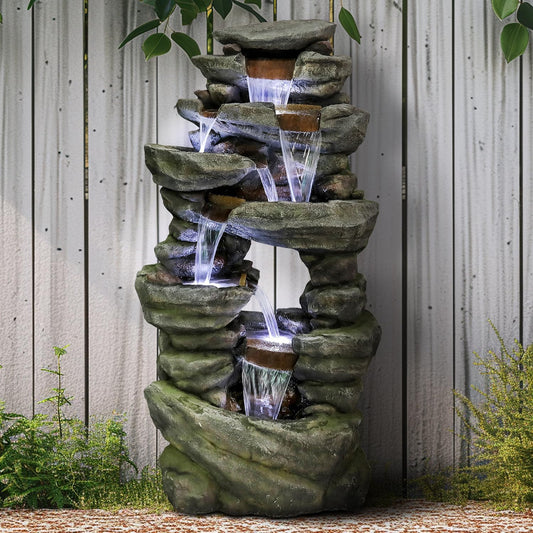 SunJet 60" High 7-Tiers Cascading Rock Outdoor Water Fountain with LED Lights - Large Outdoor Fountains and Waterfalls for Garden or Patio, Yard, and Deck Decor, Featuring Natural Stone Look