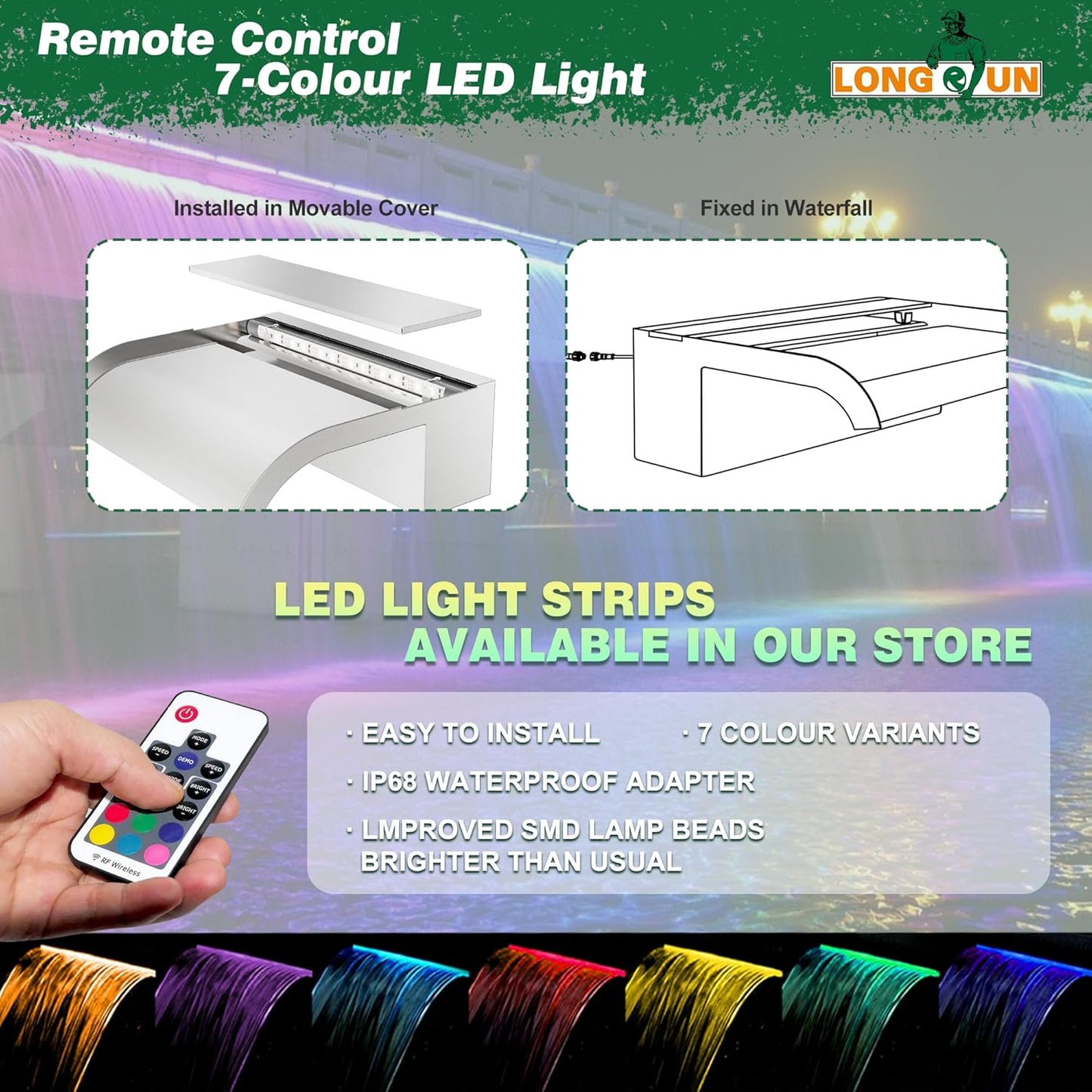 LONGRUN Pool Fountain Stainless Steel Outdoor Pond Spillway Waterfall with Wider Water Flow Platform Multi-Color LED Light Spray Indoor Waterfall Fountains for Garden-11.8"