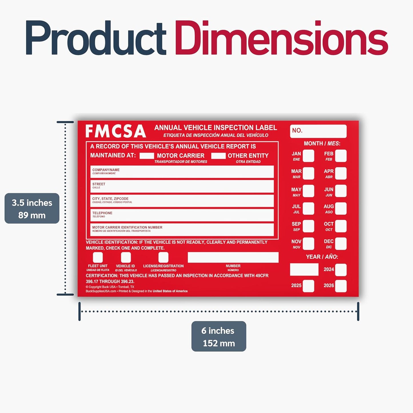 5 Pack Buck Aluminum Annual Vehicle Inspection Label with Punch Boxes, 2 Mil Red FMCSA Self Adhesive Sticker, DOT Compliant, Weatherproof, Tear Resistant, Easy to Write On, 6" x 3.5" - Made in USA