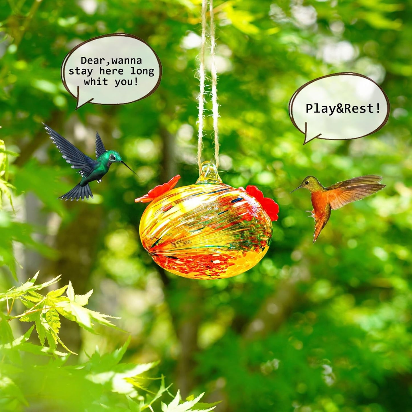 Hand Blown Glass Hummingbird Feeders for Outdoors with 2 Feeding Ports Leak Proof Small Glass Humming Bird Feeder for Window Garden Patio Decoration