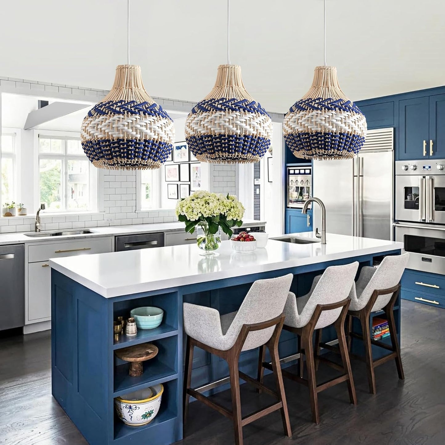 3-Pack Rattan Pendant Light Fixture 10.24" Blue White Hand-Woven Basket Fax Rattan Chandelier Boho Mini Wicker Hanging Lamp for Dining Living Bedroom Kitchen Farmhouse