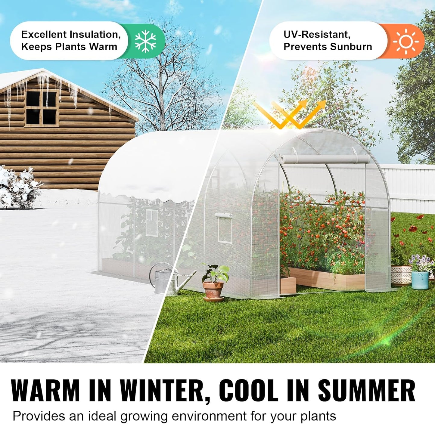 VEVOR Walk-in Tunnel Greenhouse, 9.6x6.4x6.2 ft Hoop House Greenhouse Tunnel, Plant Hot House with Galvanized Steel Frame, White PE Cover, Roll-up Zipper Door and 6 Windows for Outdoor