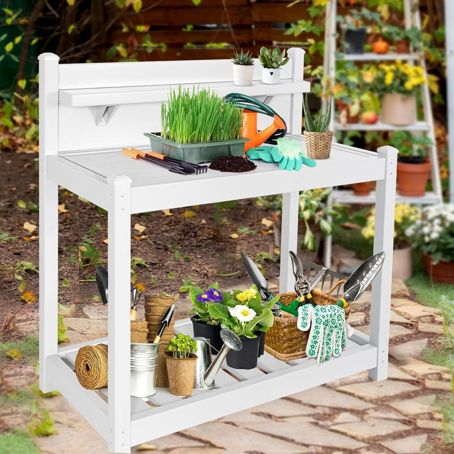 EAGLE PEAK Outdoor Indoor Maintenance Free Vinyl Garden Potting Bench, Waterproof Potting Table with Open Shelf, Lower Storage, 40inx21.6inx43.9in, White