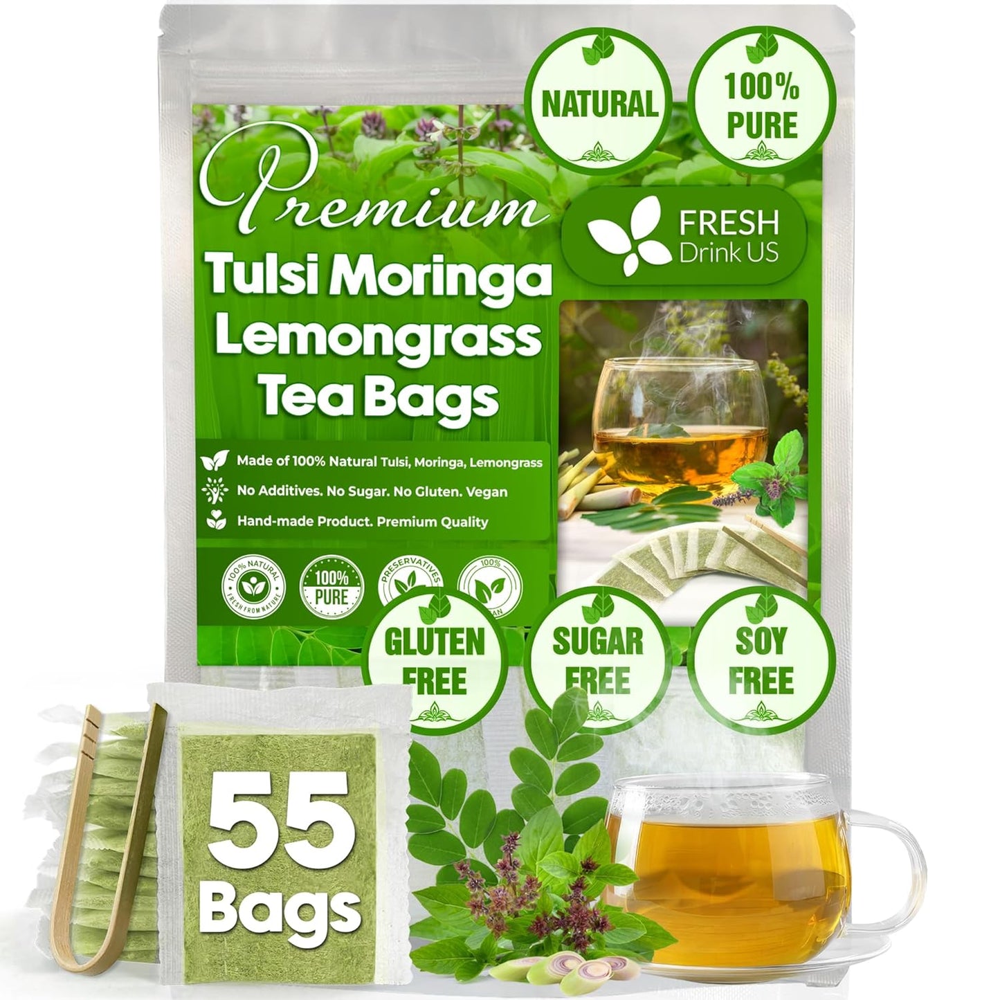 FreshDrinkUS, Premium 55 Tea Bags Tulsi Moringa Lemongrass, 100% Natural & Pure from Tulsi Holy Basil Leaves, Moringa & Lemongrass. Made with Natural Material Tea Bags. No Sugar, No Caffeine, Vegan.