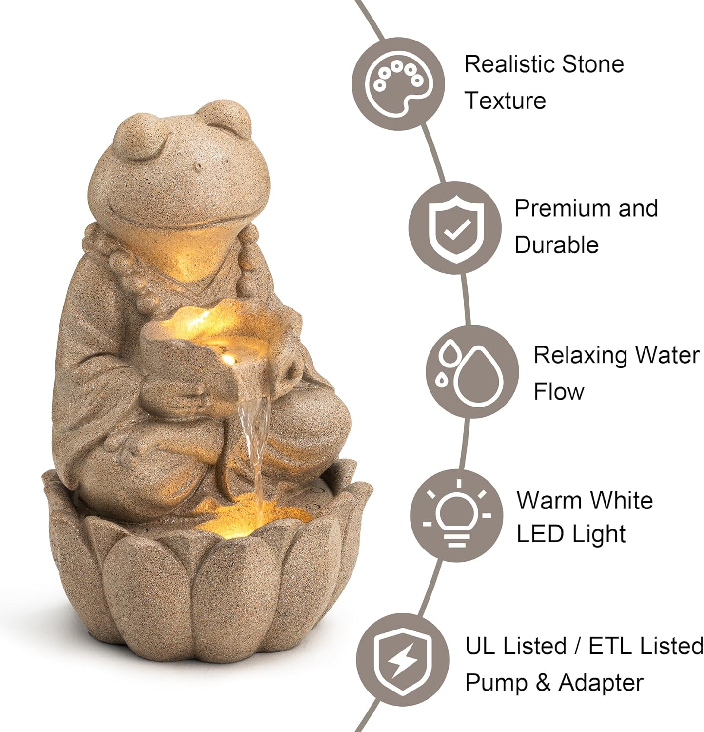 Glitzhome Outdoor Fountains and Waterfalls Zen-Style Frog Water Fountains with LED & Pump, Patio Water Fountain Yard Fountain 2 Tier Floor Waterfall for Backyard Lawn Garden Porch 22" H, Sand Beige