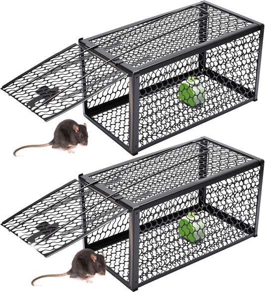 Qualirey 2 Pcs Humane Rat Trap Chipmunk Rodent Mouse Squirrel Trap 11 x 6 x 6 Inches Live Animal Mouse Voles Hamsters Live Cage Rat Cage for Mice Easy to Catch and Release, Black