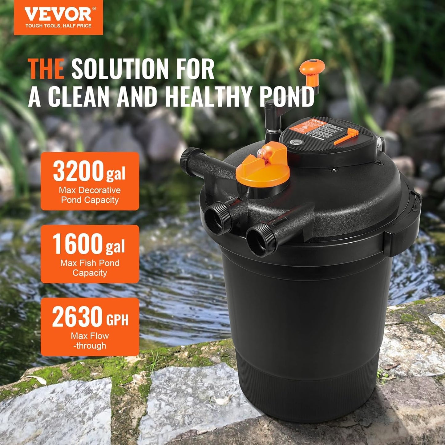 VEVOR Pressurized Biological Pond Filter, Fit Pond Up to 3200 Gallons, with 13W UV-C Light, 2630 GPH, Bio Pond Filter System Filtration Equipment for Fountain Pool, Koi Fish Aquarium Tank Garden Water