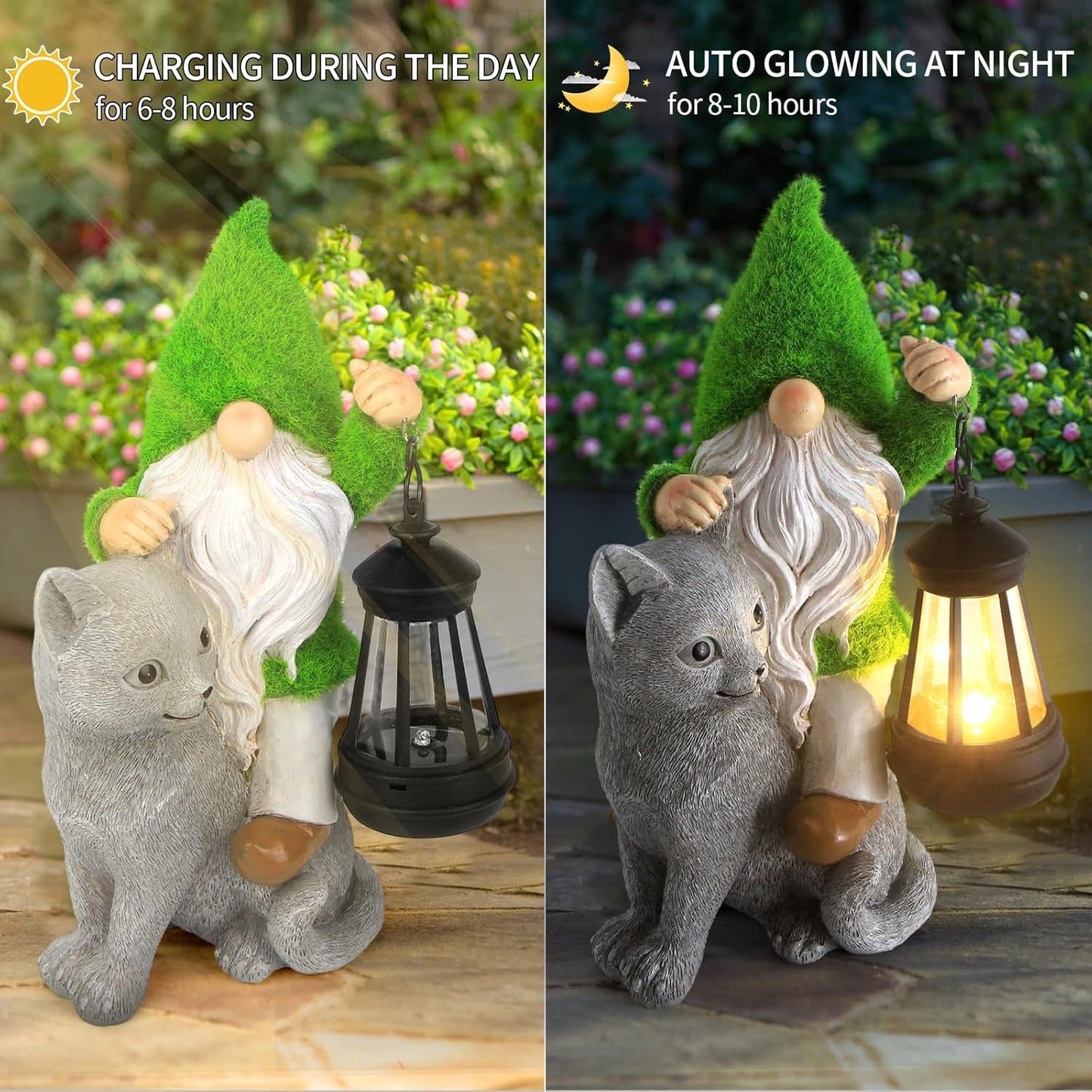 Garden Cat Gnome Decorations for Yard with Solar Lights,Resin Flocked Gnome Figurine Holding Latern,Outdoor Gnomes Decorations for Yard Patio Lawn Porch, Garden Gifts for Mom