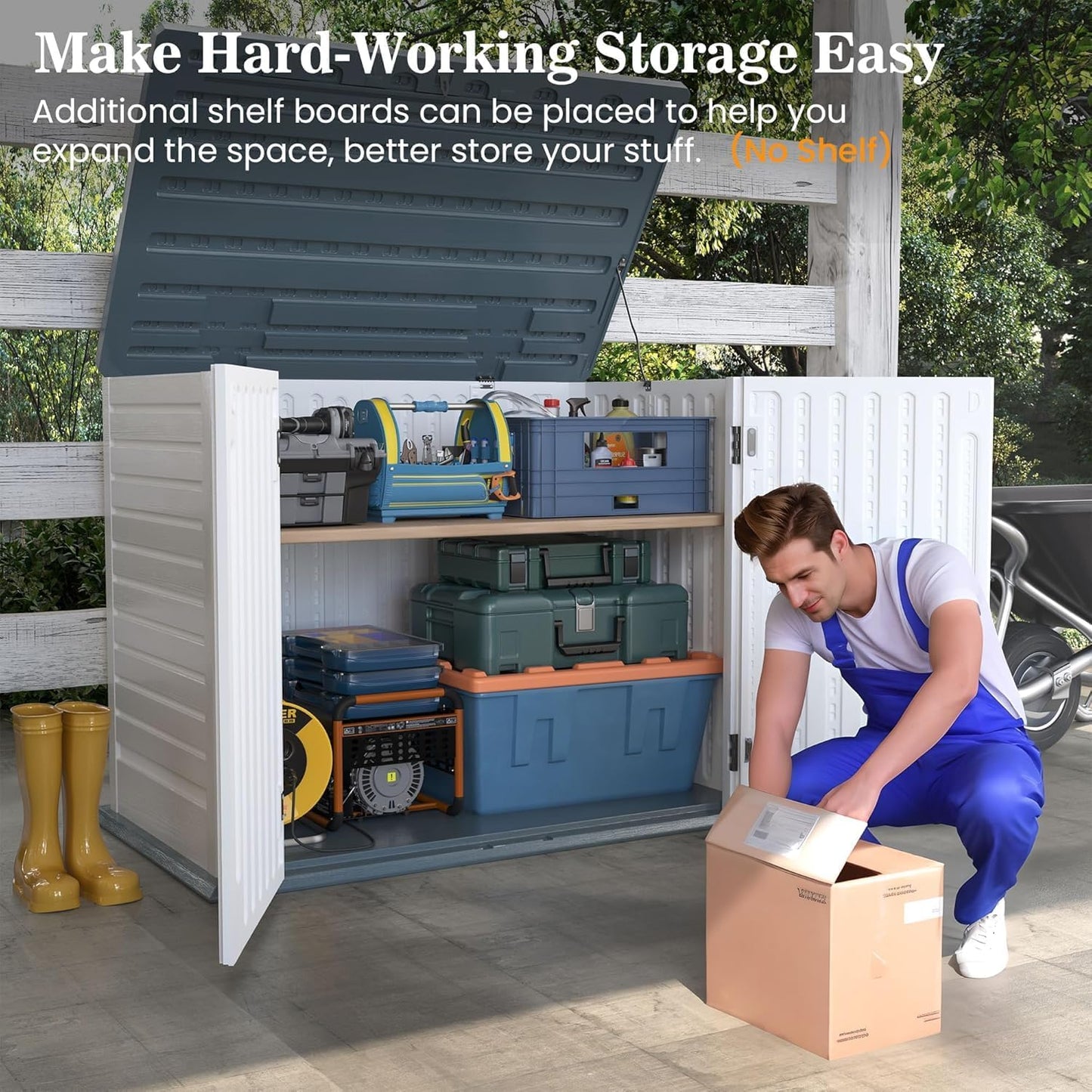 UDPATIO Outdoor Storage Cabinet 35 Cu Ft, Resin Horizontal Outdoor Trash Can Storage Box Lockable Shed 4 x 2 ft for Garbage, Garden Tools, Lawn Mowers