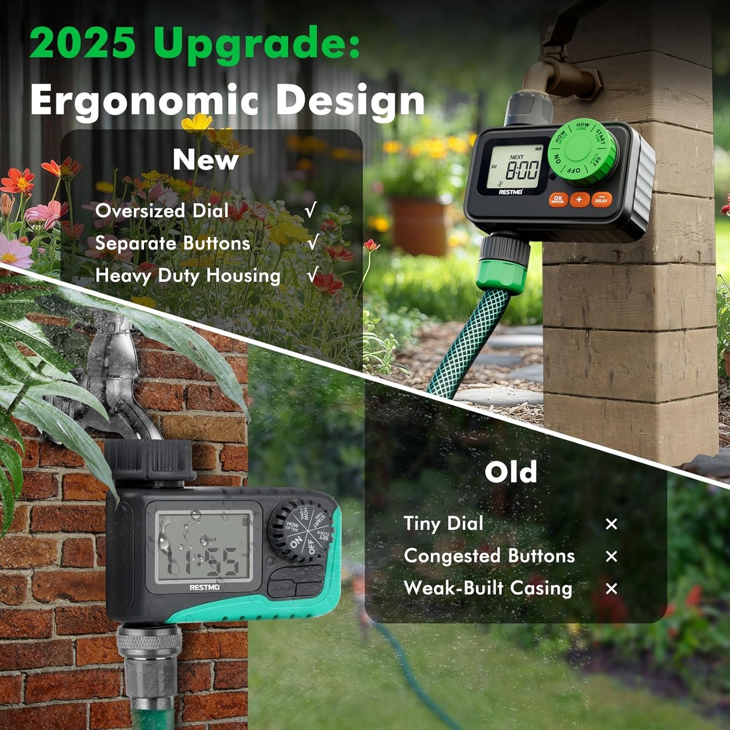 [2 Pack] RESTMO Sprinkler Timer, Programmable Water Timer for Garden Hose, Automatic Digital Control | Manual ON/Off | Rain Delay for Outdoor Faucet, Drip Irrigation and Lawn Watering System