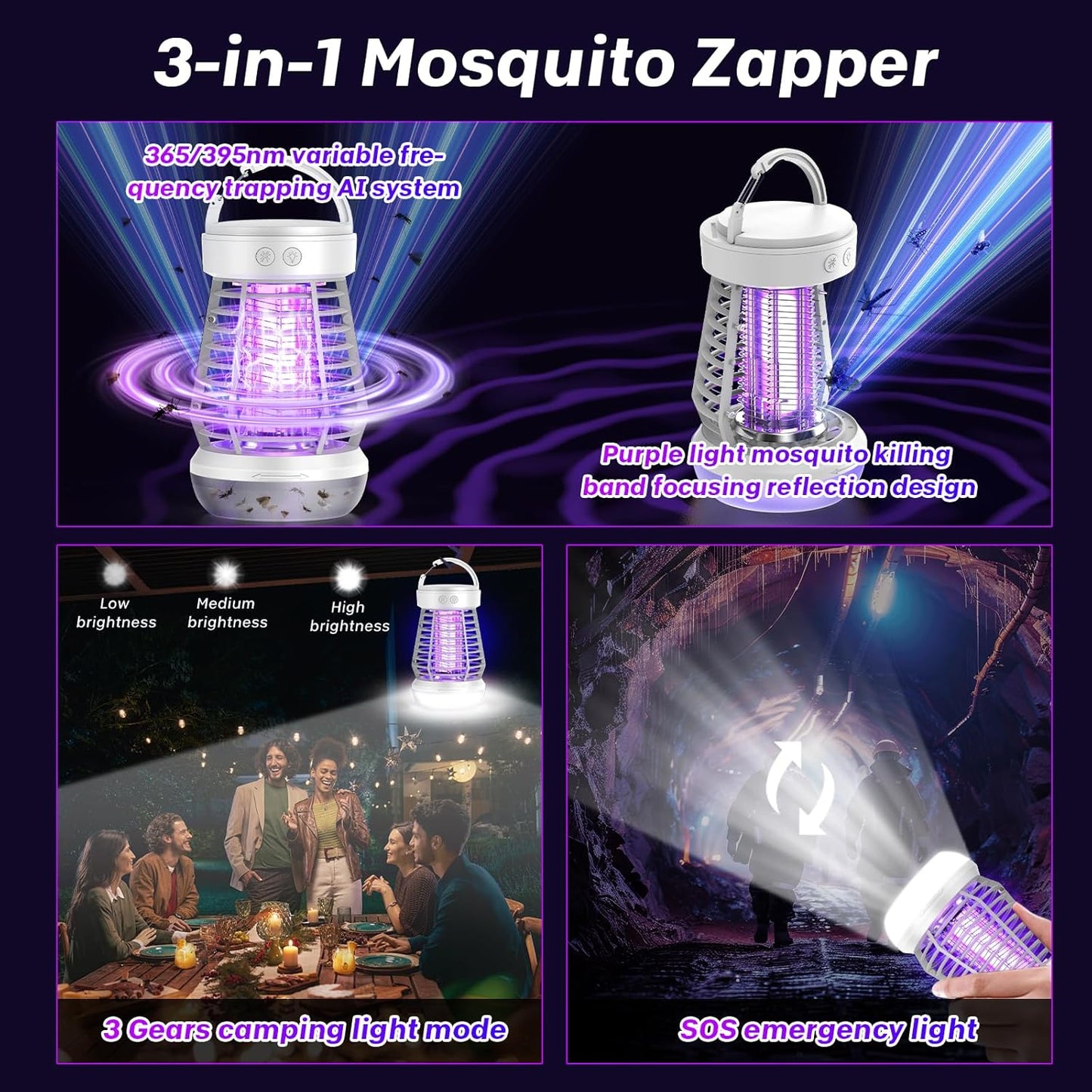 Upgraded Fly Traps,3 in 1 Bug Zapper Outdoor & Indoor, Electric Mosquito Killer Lamp with 2000V Grid & On/Off Switch, Mosquito Traps for Kitchen, Patio, Backyard, and More (White)