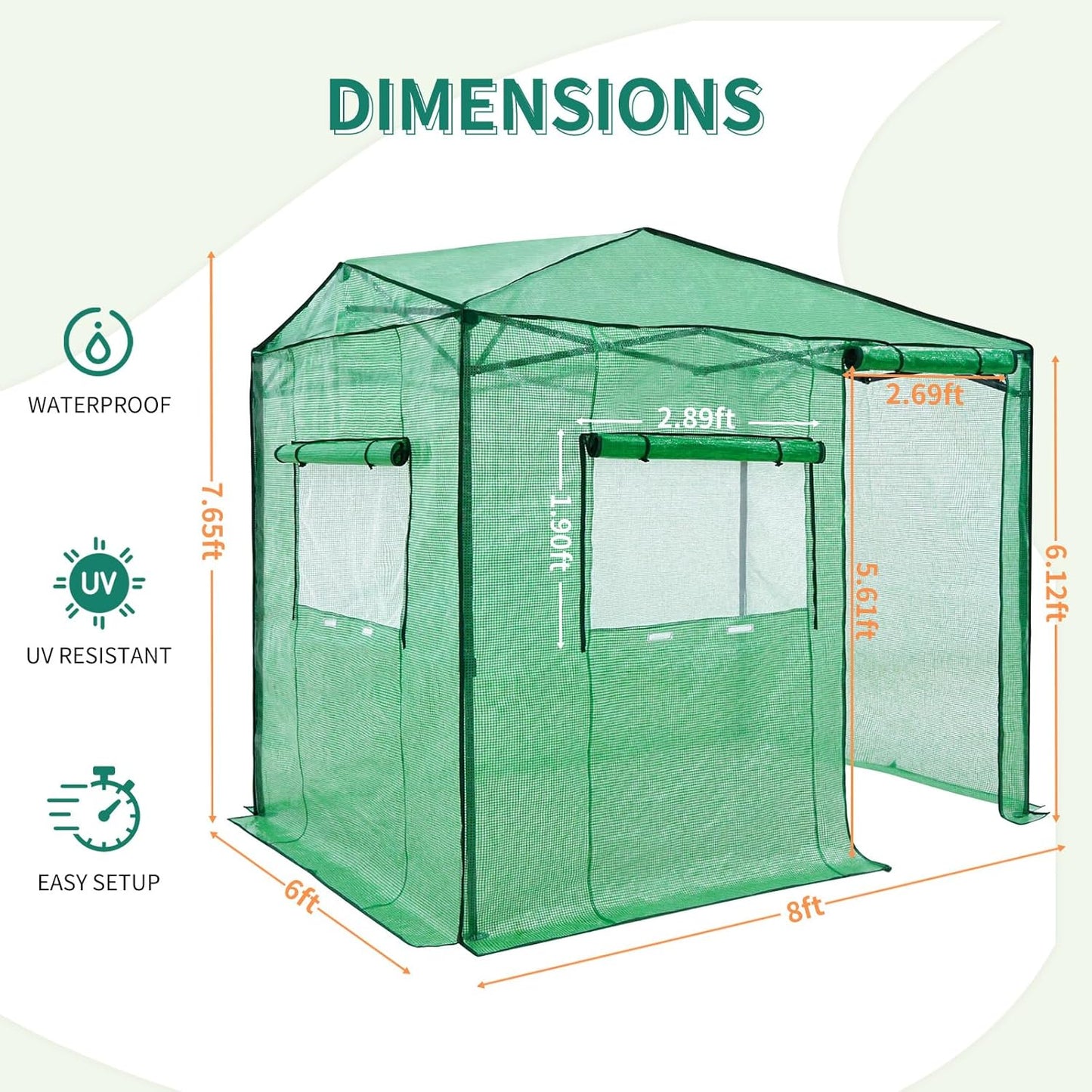 EAGLE PEAK Instant Pop-up Greenhouse, Indoor Outdoor Plant Gardening Green House, Roll-Up Zipper Doors and Side Windows, Walk in 8x6 ft, Green/Clear