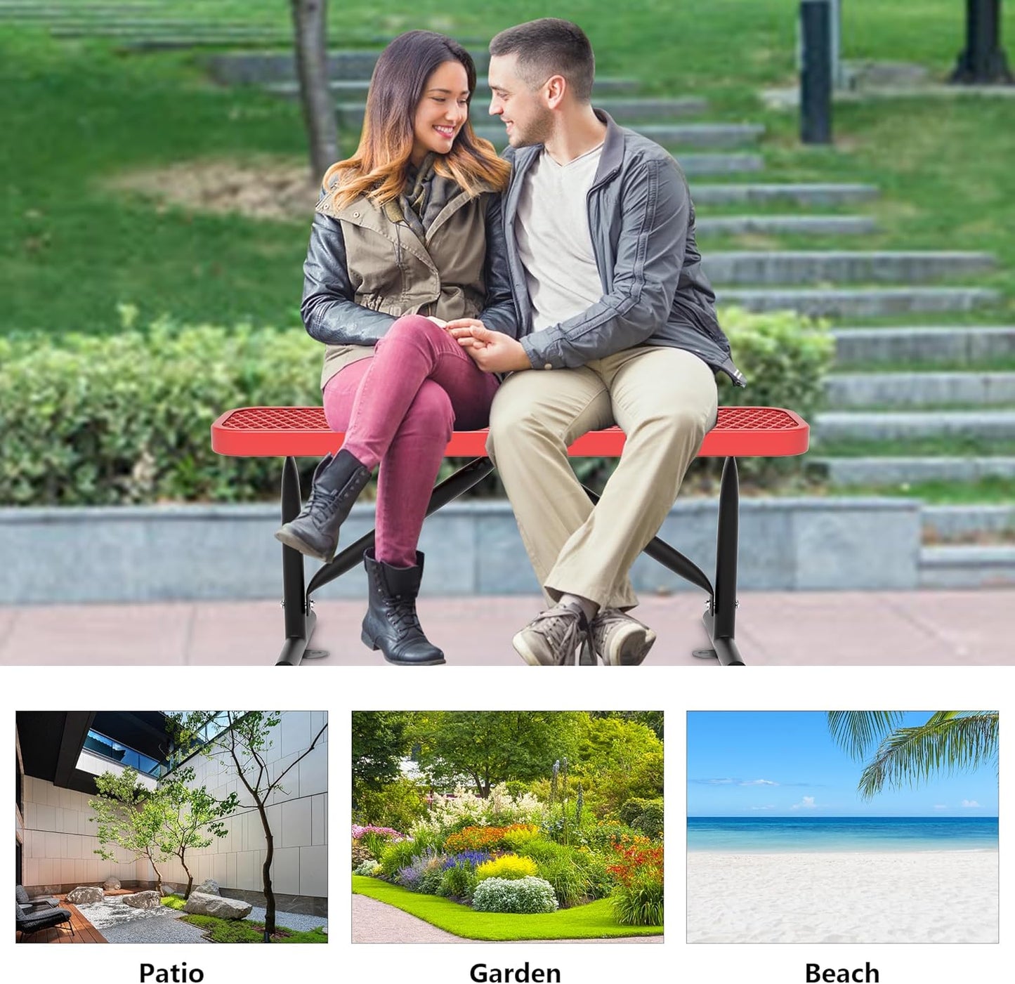 4 Feet Heavy Duty Metal Park Bench for Outside, Outdoor Bench with Portable Frame, Commercial Benches for Shopping Mall, Store, Park, Patio, Deck, Red