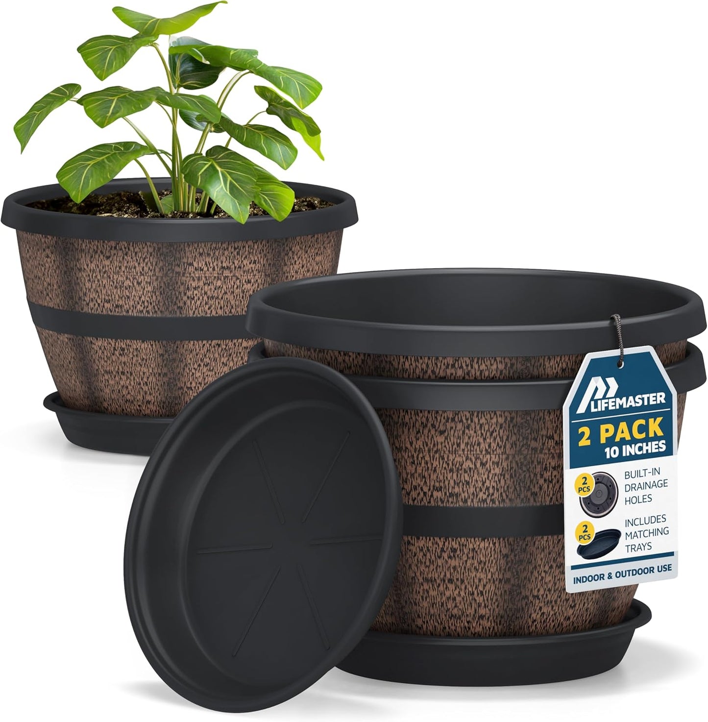 10-Inch Whiskey Barrel Planters Outdoor Pack of 2 - Durable Plastic Plant Pots for Indoor & Outdoor Use with Drainage & Saucer, Lightweight Rustic Barrel Planters for Flowers, Herbs & Small Plants