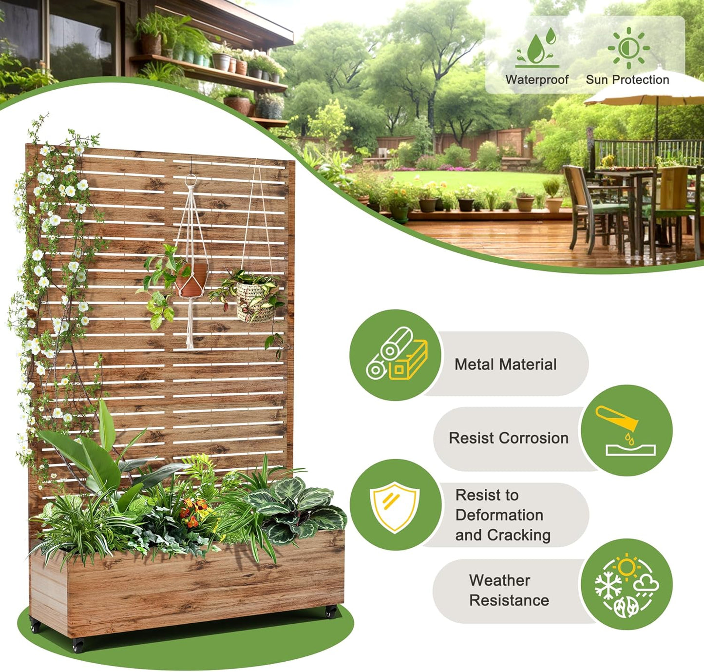 FENCY Metal Raised Garden Bed with Wheels and Trellis,73"x47"x16" Planter Box for Climbing Plants, Vegetables & Vines, Features Privacy Screen and Drainage Holes (Wood Color)