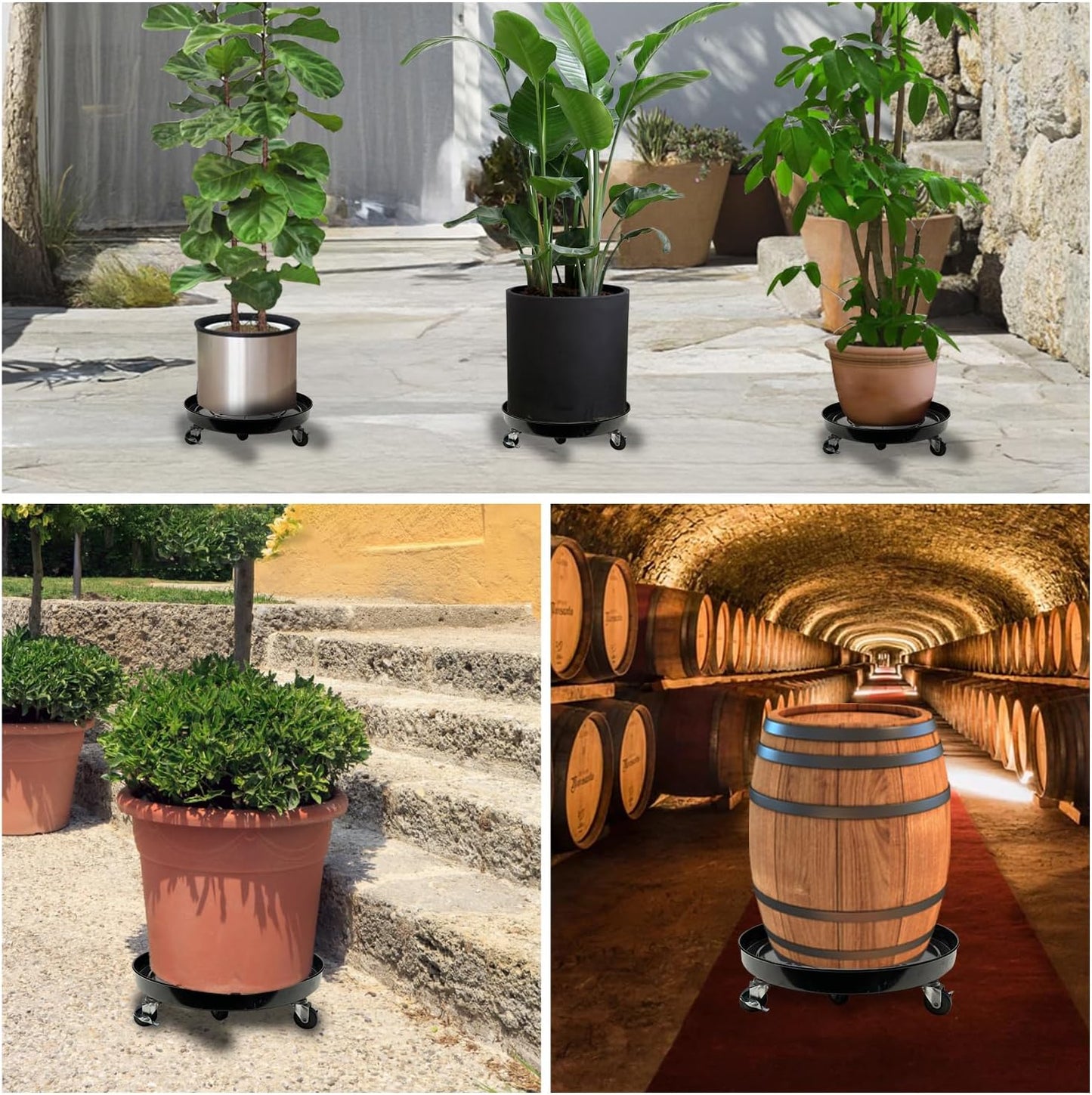 3 Pack Metal Plant Caddy With Wheels 12 Inch Black, Round Rolling Heavy Duty Plant Dolly, Heavy Plant Pot Mover Outdoors or Indoors, The Metal Wheel Can Rotate 360 Degrees or Lockable.